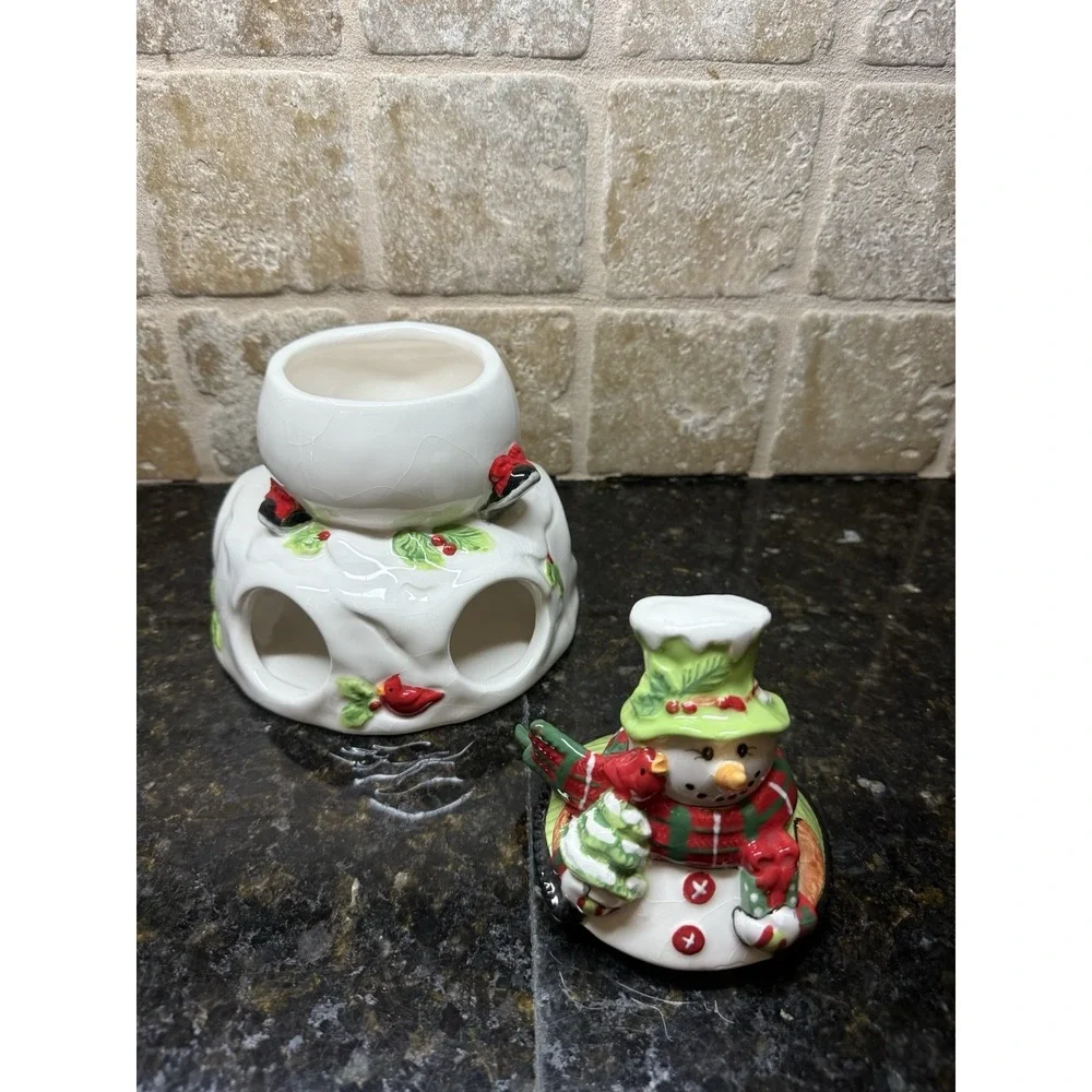 Fitz and Floyd 2013 Holly Hat Snowman Ceramic‎ Tea Light Candle Jar Warmer Rare
